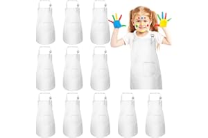 Xaztr 12Pcs White Kids Apron, Kids Cooking Aprons with 2 Pockets, Adjustable Children Kitchen Chef Aprons Set Baking Apron Bulk for Boys Girls Painting Cooking Wear(7-13 Age)