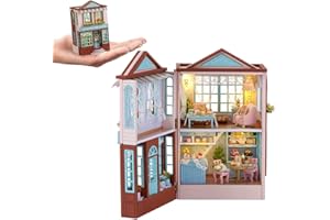ELPHNUTSEY Puppenhaus DIY Miniatur-Holzmöbel-Set, handgefertigtes Mini-Puppenhaus mit LED, Maßstab 1:24, kreatives Holzhandwerk-Spielzeug für Erwachsene, Freunde, Liebhaber, Geburtstagsgeschenk (Dessertladen)