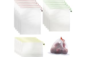 COACOM 15 bolsas de almacenamiento blancas, reutilizables, 3 tamaños diferentes, bolsas de malla lavables, utilizadas para frutas y verduras, artículos del hogar, viajes, etc.