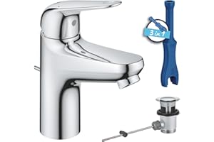 GROHE Swift, Waschtischarmatur, wassersparend (Wasserhahn für das Bad, Badarmatur mit Zugstangen-Ablauf, 16cm hoch, mit 3in1 Werkzeug, einfache Installation am Waschbecken), chrom, 24316001
