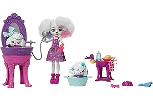 Enchantimals, Coffret​ Salon de Toilettage Caniche avec 1 Poupée Perris Caniche et 2 Chiots Qui changent de Couleur, Jouet Enfant, Dès 4 Ans, HHC20