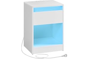 VASAGLE KAILYN Colección - Mesita de Noche con Regleta, Mesa Auxiliar con Luces LED Ajustables, Cajón, 2 Enchufes, 2 Puertos USB, Moderno, Dormitorio, Salón, Blanco Nube LET618T15
