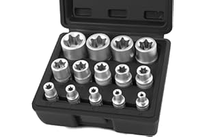 FIFIBANG 14pcs Coffret de Douille Torx en Forme Etoile 1/4" 3/8" 1/2", Douilles femelles E-Torx E4, E5, E6, E7, E8, E10, E11, E12, E14, E16, E18, E20, E22, E24, Douille de Profilés E Torx(Noir)