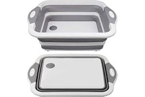 NEWOSTER Collapsible Cutting Board - Multifunction Chopping Board, Basin Drainer & Washing Bowl Dish Tub Draining Plug Kitchen Scissors Portable Drain Basket for Camping, Picnic, BBQ (Gray)