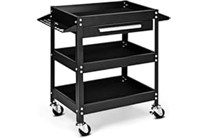 HOMFME 3 Tier Tool Cart, Heavy-duty Rolling Service Trolley with Lockable Wheels, Drawer, Tool Slots and Side Handle, Utility Storage Cart for Garage Warehouse Workshop Office (Black)