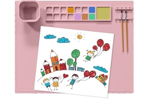 FYEME Tapis de peinture en silicone pour enfants - 50 x 40 cm - Avec zone de pigment et porte-brosse - Gobelet à eau avec échelle de mesure - Tapis en silicone pour l'artisanat et la peinture - Tapis de