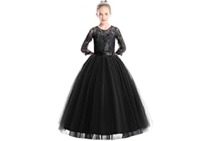 IBAKOM Vestidos de Niña Flores Cordón Manga 3/4 Boda Fiesta Formal Noche Princesa Paseo Ceremonia Vestido Largo de Tul, 2-14 años