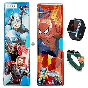 IZU.. Multipurpose Magnetic Pencil Box with Dual Sharpener for Girls & Boys for School | Cartoon Printed Pencil Case+Teddy digital+square digital watch for Kids (watch assorted color) PACK OF-4 (AVENGER+SPIDER).