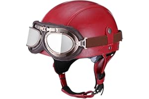 BDTOT Retro Motorrad Halbhelme Leder Halbhelm Deutscher Stil Roller Cruiser Chopper Anti-Collision Helm Abnehmbarer Gehörschutz mit Visier ECE Zertifiziert Roller-Helm Scooter Mofa-Helm