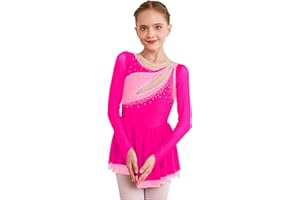 inhzoy Abito da Pattinaggio Artistico Bambina Manica Lunga Vestito da Balletto Ginnastica Artistica Body da Danza Classica Ballerina Strass Leotards Vestito da Ballo Lirico