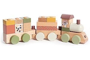Tiny Love Drewniany pociąg, drewniany pociąg dla dzieci, gra w drewniane kształty i kolory z 3 wagonami i 14 blokami, kreatywność, umiejętności motoryczne, naturalny design, 18+ miesięcy, Boho Chic