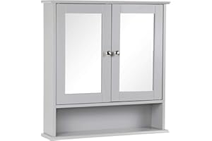 Taylor & Brown Double Door Mirrored Bathroom Cabinet Storage Cupboard Organiser Wall Mounted Mirror Cabinet with Adjustable Shelves, Grey 56cm x 13cm x 58cm