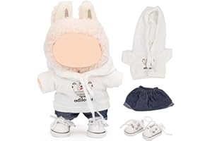 LEWOTE Ensemble de vêtements compatible avec poupée Labubu - Accessoires décoratifs pour poupée de 17 cm (sweat à capuche, short en denim, chaussures blanches)