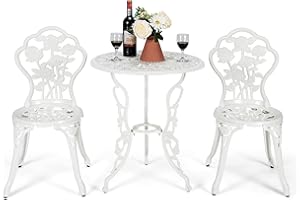 GOPLUS 3 Pcs Salon de Jardin 2 Personnes en Fonte Aluminium, 2 Chaises et 1 Table Ronde, Ensemble Salon de Jardin en Métal pour Terasse, Blanc