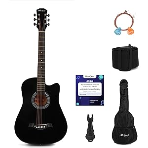 AKKORD Basswood 38 Inch Acoustic Cutaway Guitar Kit With Gigbag, Strings, Picks, Strap And Key - Glossy Black | Complete Guit