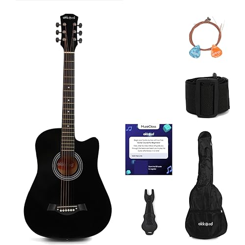 AKKORD Basswood 38 Inch Acoustic Cutaway Guitar Kit With Gigbag, Strings, Picks, Strap And Key - Glossy Black | Complete Guit