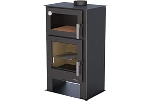 BRONPI Horno de Leña GIJÓN-H, 11 kW, Doble Combustión, Vidrio Limpio, Negro, Montaje en Pared, Moderno, Interiores, Chimenea, Calefacción de Leña, Incluye Parrilla
