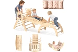 Freelawn Klettergerüst Indoor,Holz Montessori Kletterdreieck mit Rutsche, Bogen，Leiter&Spielmatte ，für Kinder ab 1 Jahr (Naturholz)​