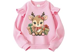QHKEPW Christmas Girls Jumper Xmas Ruffle Santa Claus Reindeer Snowman Penguin Snowflake Kids Sweatshirt Toddler Top Long Sleeve Round Neck Cotton Casual Clothes T Shirt 2-8 Years Old
