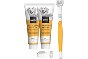 ANIMIGO Cepillo y Pasta de Dientes para Perros - Kit de Higiene Bucal con 2 Unidades de 100mg de Dentífrico Canino, Cepillo Dental Triple Cabezal y de Dedo, para Eliminar Sarro y Mal Aliento, Sabor Menta