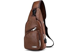Aucuu Sac de Poitrine Homme en Cuir, Étanche Sacoche Bandoulière PU Cuir Rétro avec USB Ports, Sling Bag Grande Capacité pour Affaires Randonnée Cyclisme Voyage, #1 Marron