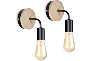 GOCBOBO 2 Pezzi Applique da Parete Interno E27 Vintage Metallo Lampada da Parete in Legno Industriale Lampada a Muro per Corridoio Camera da Letto illuminazione Nero (Senza Lampadine)