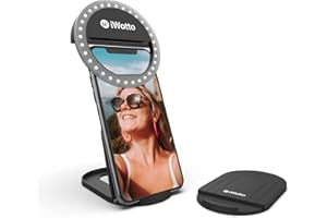 W IWOTTO iWotto Anello Luminoso LED per Cellulare con Supporto e Specchio - 3 Modalità e 7 Intensità di Luce -Anello Luminoso per Selfie - Ricaricabile via USB- 36 LED Universale per Smartphone, Tablet, PC