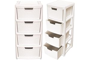 KHANARY Set Of 2 4 Tier Rattan Style Chest 4 Drawer Unit Plastic Small Tower Storage Unit Crafts, kids Room, Files & Paperwork School Home Office Desktop stationery L: 25cm – W: 19.5cm – H: 38cm Cream