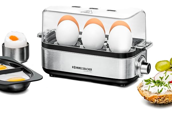 ROMMELSBACHER Cuiseur à œufs ER 600 - Pour 1 à 6 œufs - Dureté réglable - Surveillance électronique du temps de cuisson - Bol chauffant en acier inoxydable - Verre doseur avec pic à œuf - Insert de