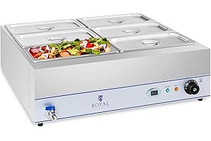 Royal Catering Bain-Marie Food Warmer Professional 6 GN 1/3 Containers With Drain Tap 2,000W RCBM-6W-2000 (Stainless Steel, Volume Capacity 35.2L, 30 - 85 °C, GN Container Depth 150mm)
