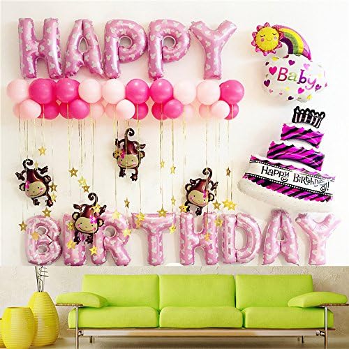 Pink HAPPY BIRTHDAY balloon Set Letters + Cake + Star +Monkey Foil balloon Set Birthay Party Backdrop Decoration Favors Kid Toy