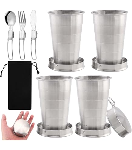 2 Bicchieri Pieghevoli In Acciaio Inox 450ml | Per Campeggio E Escursionismo | Con Posate Include - Foto 13