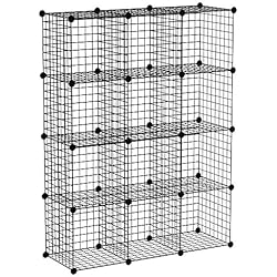 Meerveil Étagère de Rangement Armoire Cube Étagère à Livres en Grilles Métalliques Rangement de Vêtements Étagère Multifonction pour Livres, Jouets, Vêtements 12 Cubes Noir (111x37x147cm)