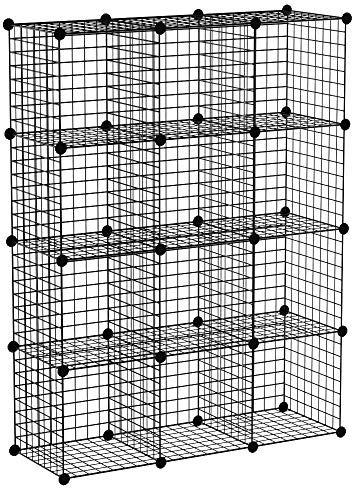 Meerveil Étagère de Rangement Armoire Cube Étagère à Livres en Grilles Métalliques Rangement de Vêtements Étagère Multifonction pour Livres, Jouets, Vêtements 12 Cubes Noir (111x37x147cm)