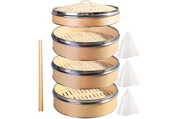 Hcooker 3 Couches Cuisine à Vapeur en Bois avec Double Bande en Acier Inoxydable pour Petits Pains Asiatiques Boulettes Boulettes Légumes Poissons Riz