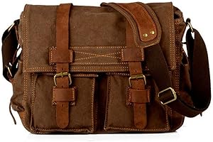AUTUMNDEER Laptop Bag 14.5 inch Mens Vintage Casual Canvas Messenger Bag Men's Military Leather Canvas Travel Briefcase Crossbody Satchel Shoulder School Bag for Notebook Laptop (Coffe)