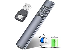 ZRZLMVP Wireless Presenter mit Pointer - Rechargeable Powerpoint Fernbedienung, RF 2.4GHz Pointer für Präsentationen via USB Type C Empfänger, PPT Präsenter mit Hyperlink & Volumen Kontrolle