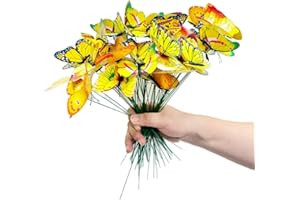 RIKYO 3D Butterfly Garden Stake Decor,10" PVC Butterfly Garden Decor for Outside,Shaking Head Artificial Butterflies for Bouquet Outdoor Wall Lawn Pathway Plant Pot Flower Bed Yard Decor (50, Yellow)