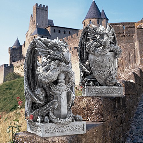 Design Toscano Der Artusdrache, Figuren: Set aus Drache mit Schwert und Drache mit Schild - 2