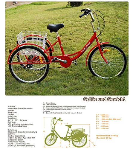 FANO-TEC Dreirad Für Erwachsene Seniorenrad Erwachsenendreirad 24 Zoll Shimano 6-Gang FT-7009 Rot - 2