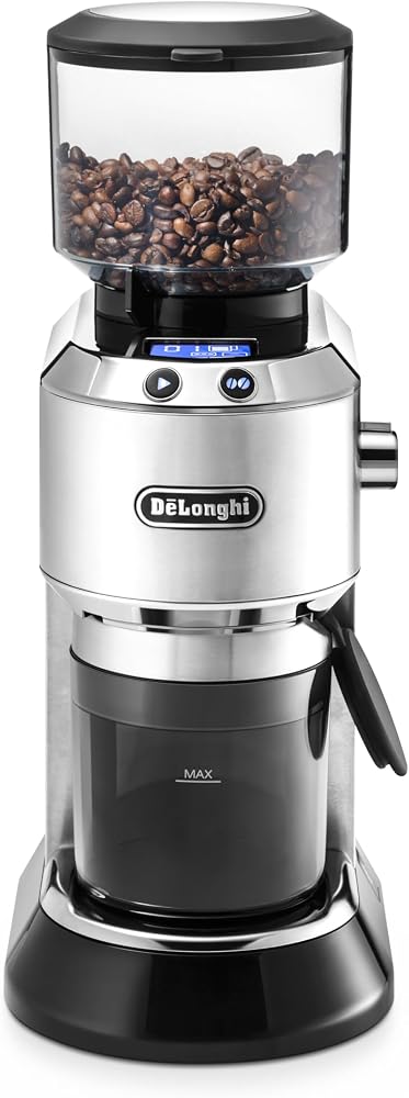 De'Longhi Dedica KG 521.M elektrikli kahve değirmeni, aroma fonksiyonlu 2,1” LCD ekran, tam metal gövde, paslanmaz çelik koni öğütücü, ayarlanabilir öğütme ayarı, gümüş