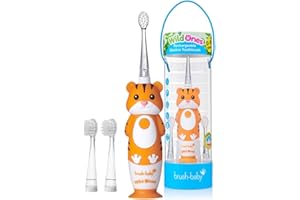 ‎BRUSH-BABY Brush-Baby – Wiederaufladbare Elektrische Kinderzahnbürste, 0–10 Jahre – WildOnes, Tiger-Design mit Blinklichtern – DeepClean-Borsten für Gründliche Reinigung – 2 Ersatzköpfe & 1 USB-Kabel