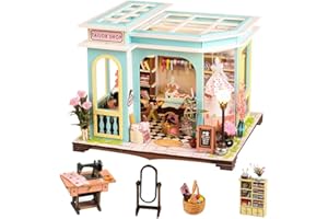 TOPBSFARNY Accesorios de madera para casa de muñecas, kit de casa en miniatura para adultos, kit creativo de sastre con muebles y luces LED para regalo de cumpleaños de mujer