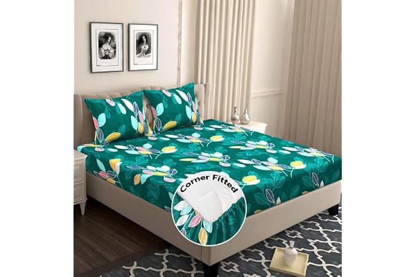BSB HOME 210 TC Premium Cotton Elastic Fitted Bedsheets with 2 Pillow Covers Double Bed with Corner Elastic Wrinkelfree Supersoft Floral Pattren Breathable Size-72 x 68 + 6 inches Multicolour1