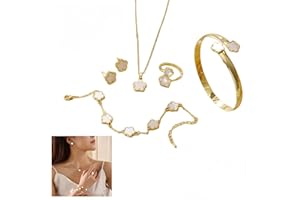 WEIXING 5PCS Five-Leaf Clover Jewellery Set, Gold Jewellery Sets for Women with Clover Necklace, Bracelet, Earrings, Ring, White Jewelry Sets, Elegant Lucky Jewelry Gift for Birthday & Anniversary