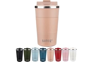‎SUNTQ SUNTQ Kaffeebecher to go Thermo aus Edelstahl - Thermobecher mit Gummierte Manschette Doppelwand Isoliert - Kaffeetasse mit Auslaufsicherem Deckel Wiederverwendbar 510ml Koral Rosa