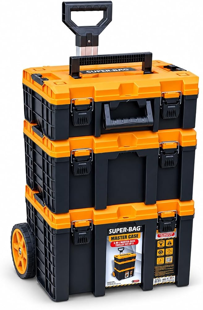 Super-Bag S-M-L Master Case 3'lü Modüler Tekerlekli Takım Çantası Seti, Organizerli Alet Taşıma ve Depolama Sistemi, Çekçek Kollu, Büyük Hacimli, Elektrikçi Tesisatçı Servis İçin, Sarı-Siyah
