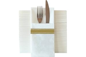 JINYUDOME Disposable Dinner Napkins, Linen-Feel Napkins with Buil-in Flaware Pocket, Gold Print, Pack of 50 (Gold)
