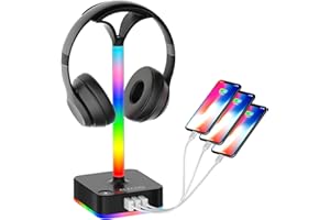 ALACOO RGB Headphone Stand with 3USB Charging Port and 2 Prong AC Outlet Power Strips, Desk Gaming Headset Holder Hanger with 8 Light Modes Non-Slip Rubber Base for Table PC Gaming All Earphone Accessories