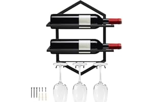 GIYIPRPI Porte-Bouteilles Mural en métal, Porte-Verres à vin à Suspendre pour 2 Bouteilles et 3 Verres Inclus, casier à vin Rouge pour décor d'affichage de Bar de Cuisine à la Maison (Noire 1)